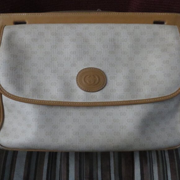 ❤️ GUCCI Micro G Logo Print Tan Canvas Leather Coated Canvas Clutch Shoulder Bag - Picture 12 of 15